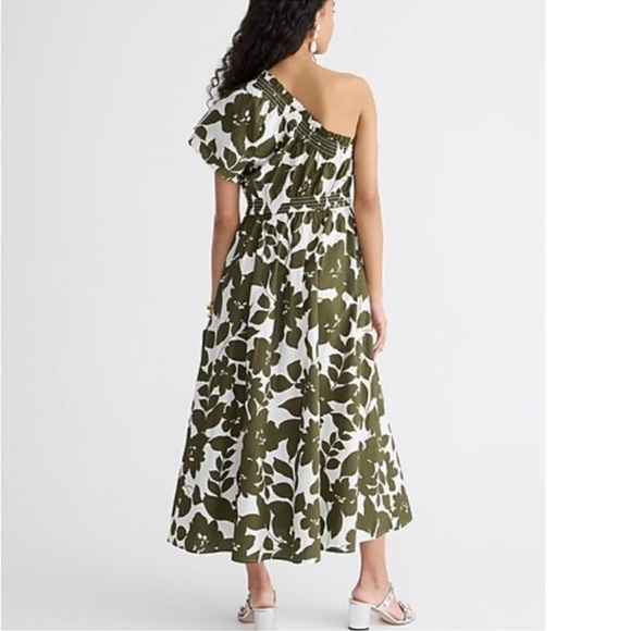 J.Crew Smocked cotton  one-shoulder dress in leafy floral-BR404-Rich Olive Small - Picture 3 of 7